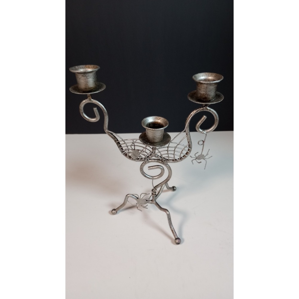 Halloween Candelabra 3 Candle Holder Spider Webs Spider Silver Metal 9" Tall